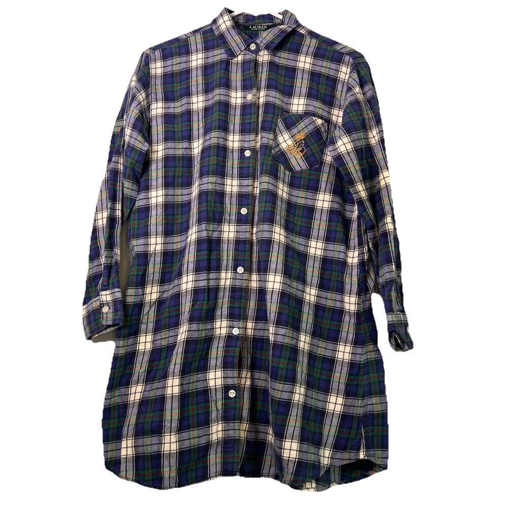Lauren Ralph Lauren Sleepshirt Plaid Flannel Gold Crest Nightgown Preppy Sz M
